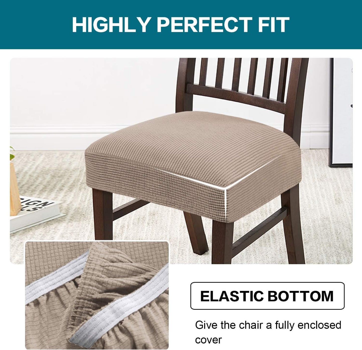 Turquoize Stretch Dining Chair Covers Seat Covers for Dining Room Chair Covers Set of 6，Removable Washable Kitchen Chair Seat Cushion Slipcovers Protector, Khaki