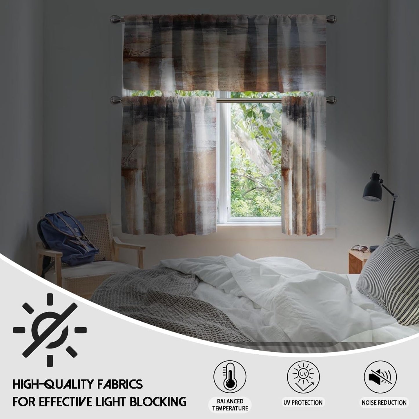 MCALK Brown Blackout Kitchen Curtains Tiers and Valances Set 3 Piece for Windows Beige Kitchen Window Curtains Set,Modern Abstract Art Valances for Living Room(36" Tiers Set)