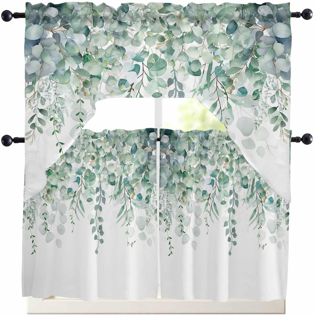 Spring Botanical Swag Curtains Valance and Tier Set, Purple Eucalyptus Leaves Rod Pocket Curtain Drapes for Bedroom Bathroom Over Sink Kitchen Curtains 3 Piece Set Swag Valances and 24 inches Tiers