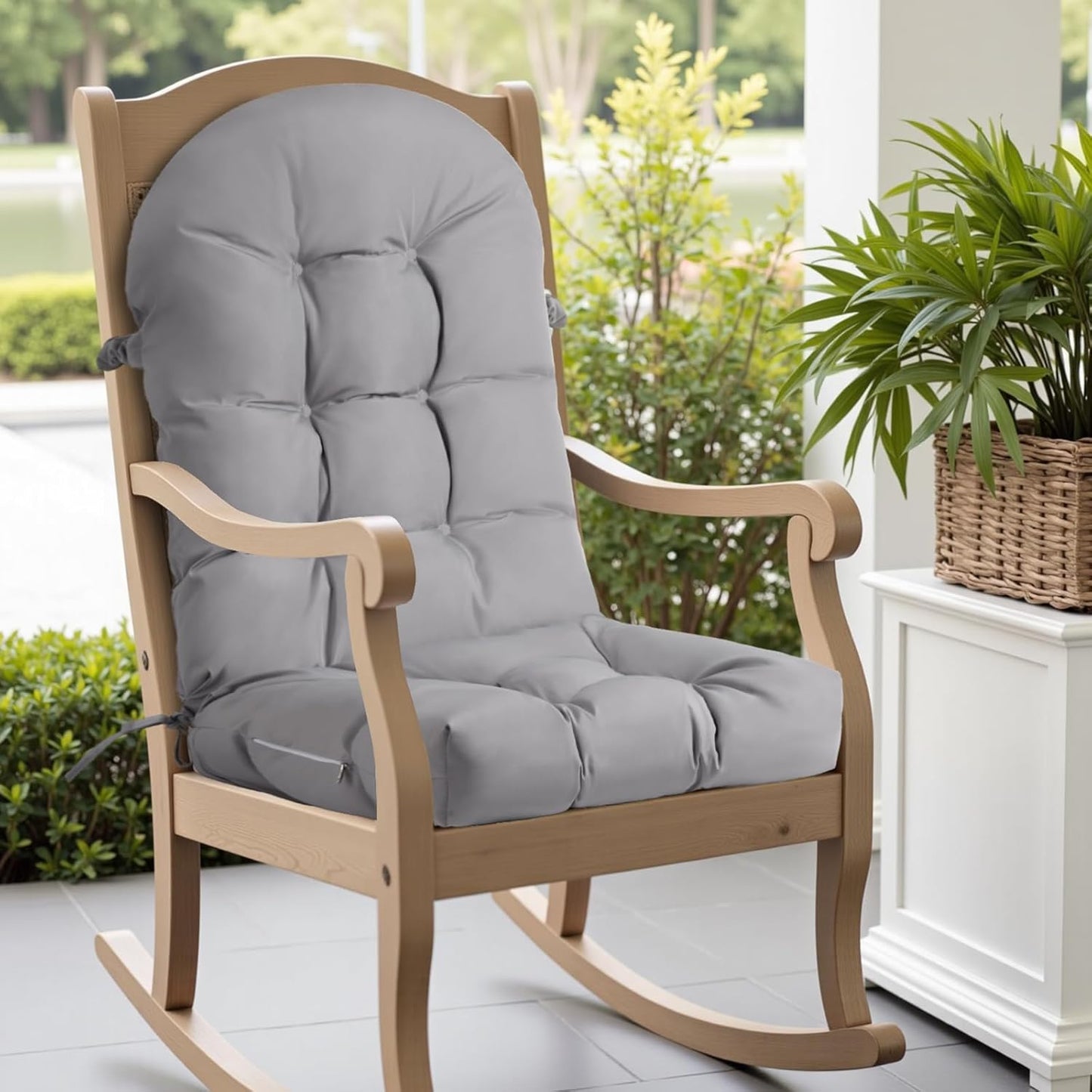Rocking Chair Cushion - Chenille Fabric, High-Density Sponge, Durable Comfort Non-Slip Bottom Tufted Seat Pads with Ties, Chenille︱Oyster White, 44x19x4 inch