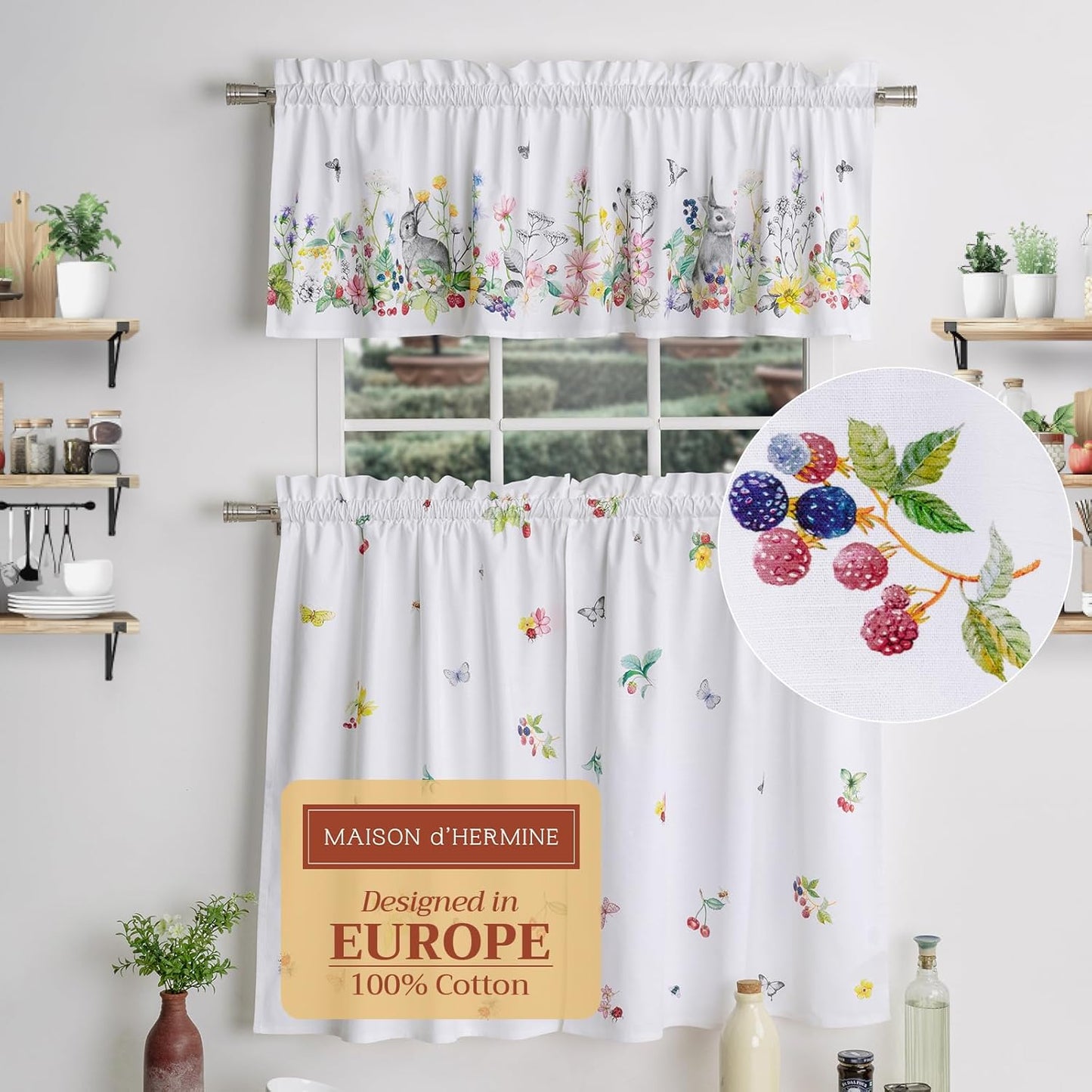 Maison d'Hermine Kitchen Curtains Sets for Windows 100% Cotton Set of Kitchen Curtains Valances for Cafe Home [2 Tiers (28"X36") and 1 Valance (56"X18")] - Easter Decorations (Happy Florals)