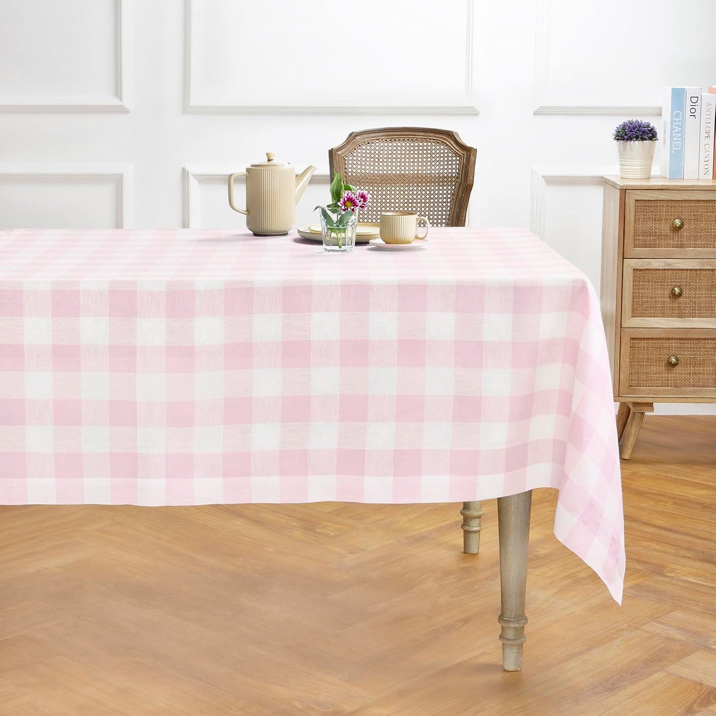 Solino Home Linen Buffalo Plaid Tablecloth 60 x 90 Inch - 100% Pure Linen Natural and White Checkered Table Cloth for Rectangle Tables - Machine Washable Tablecloth for Fall, Autumn, Thanksgiving