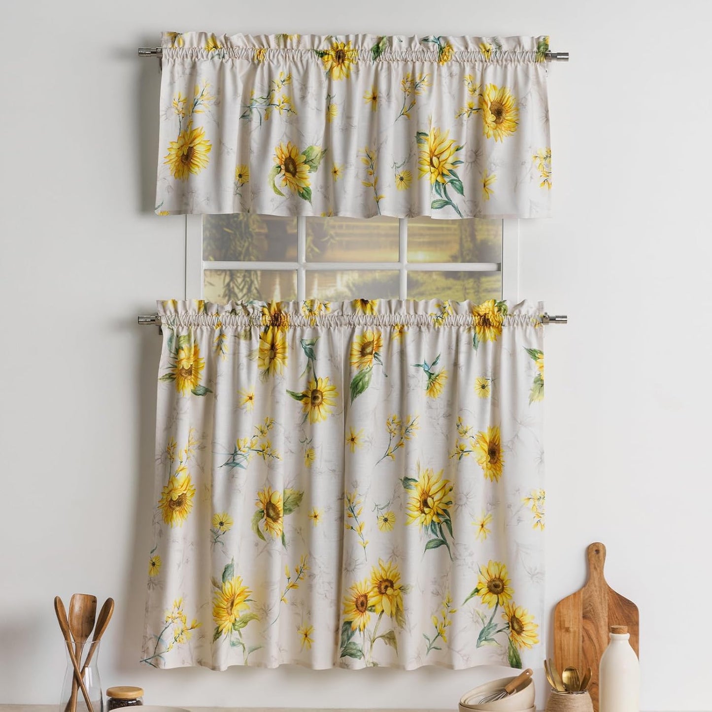 Maison d'Hermine Kitchen Curtains Sets for Windows 100% Cotton Set of Kitchen Curtains Valances for Cafe Home [2 Tiers (28"X36") and 1 Valance (56"X18")] - Easter Decorations (Passiflora)