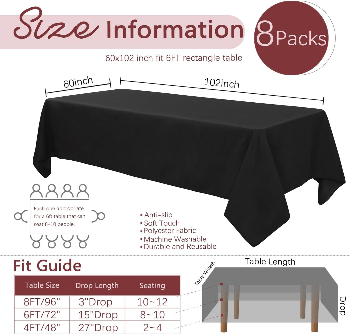 8 Pack Black Tablecloth 60 x 102 Inch Polyester Table Cloth for 6 Foot Rectangle Tables, Wrinkle Resistant Washable Decorative Fabric Table Covers for Wedding Party Banquet Buffet and Camping