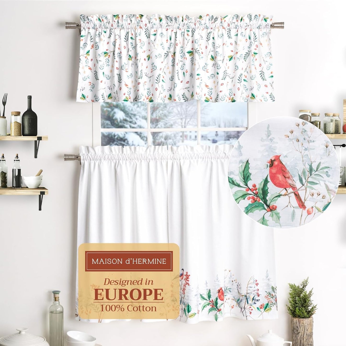 Maison d'Hermine Kitchen Curtains Sets for Windows 100% Cotton Set of Kitchen Curtains Valances for Cafe Home [2 Tiers (28"X36") and 1 Valance (56"X18")] - Easter Decorations (Passiflora)