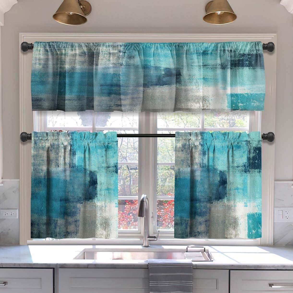 MCALK Brown Blackout Kitchen Curtains Tiers and Valances Set 3 Piece for Windows Beige Kitchen Window Curtains Set,Modern Abstract Art Valances for Living Room(36" Tiers Set)