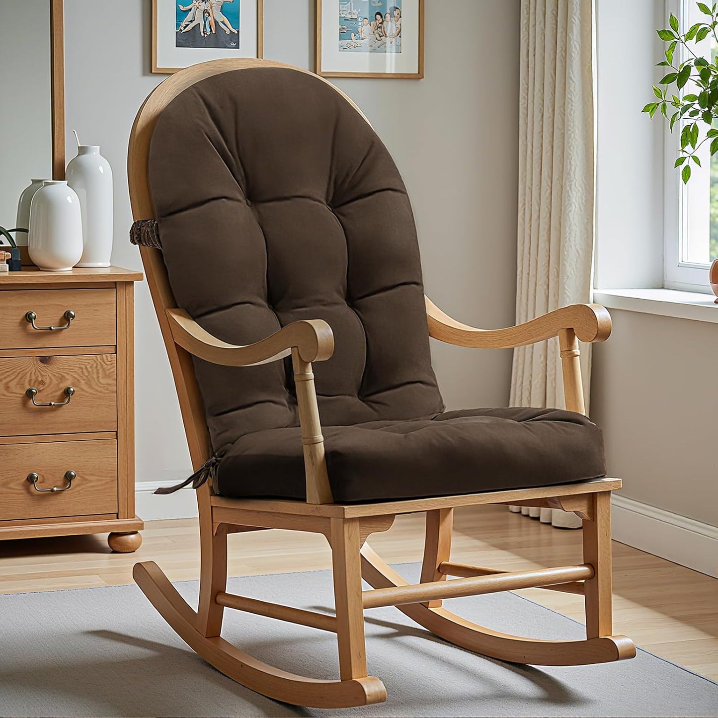 Rocking Chair Cushion - Chenille Fabric, High-Density Sponge, Durable Comfort Non-Slip Bottom Tufted Seat Pads with Ties, Chenille︱Oyster White, 44x19x4 inch
