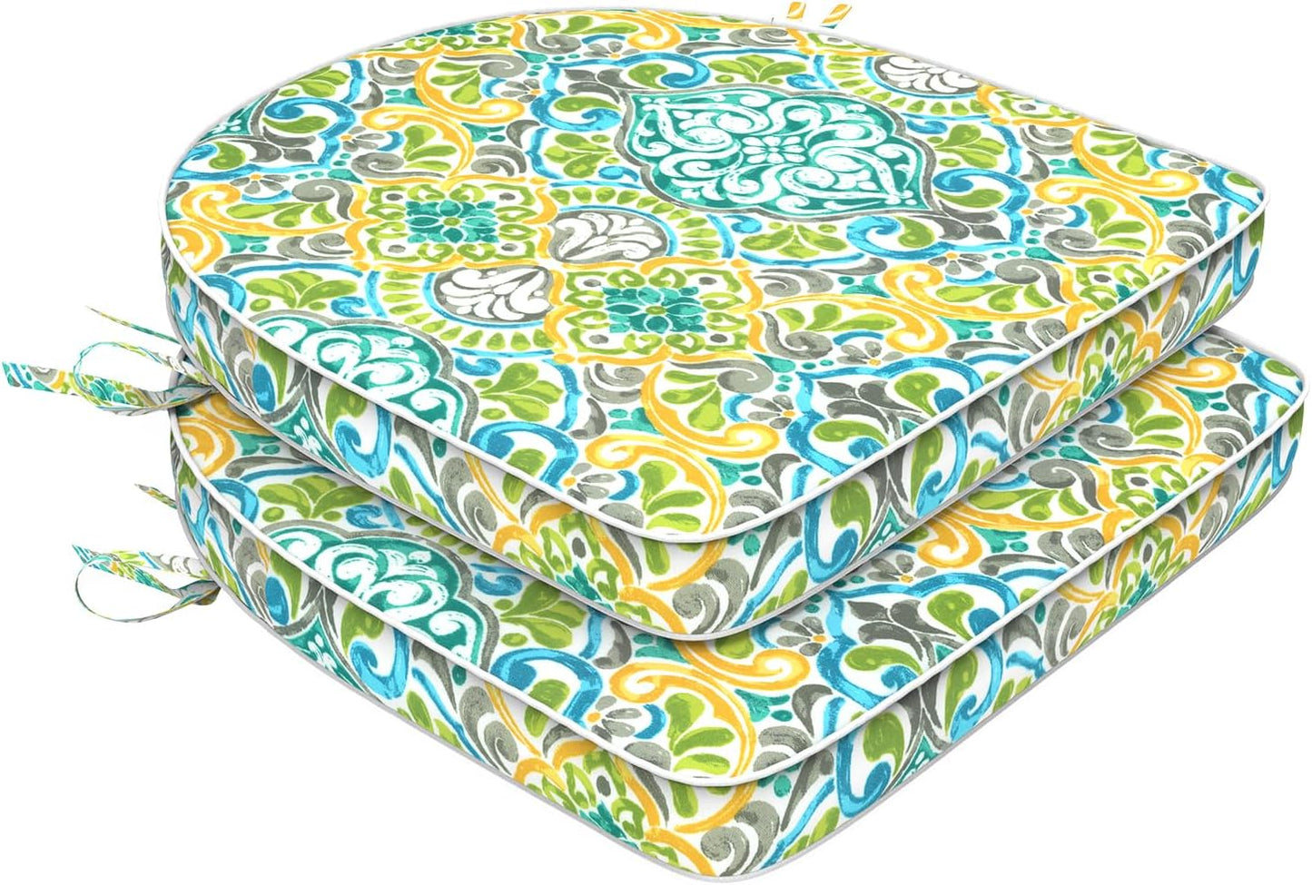 Set of 2 Outdoor Chair Cushions 19"x19"x2",Water Repellent Patio Seat Cushion with Ties and Removable Covers,Dining Chair Cushions for Indoor Kitchen and Patio Furniture,Islamorada Blue Green