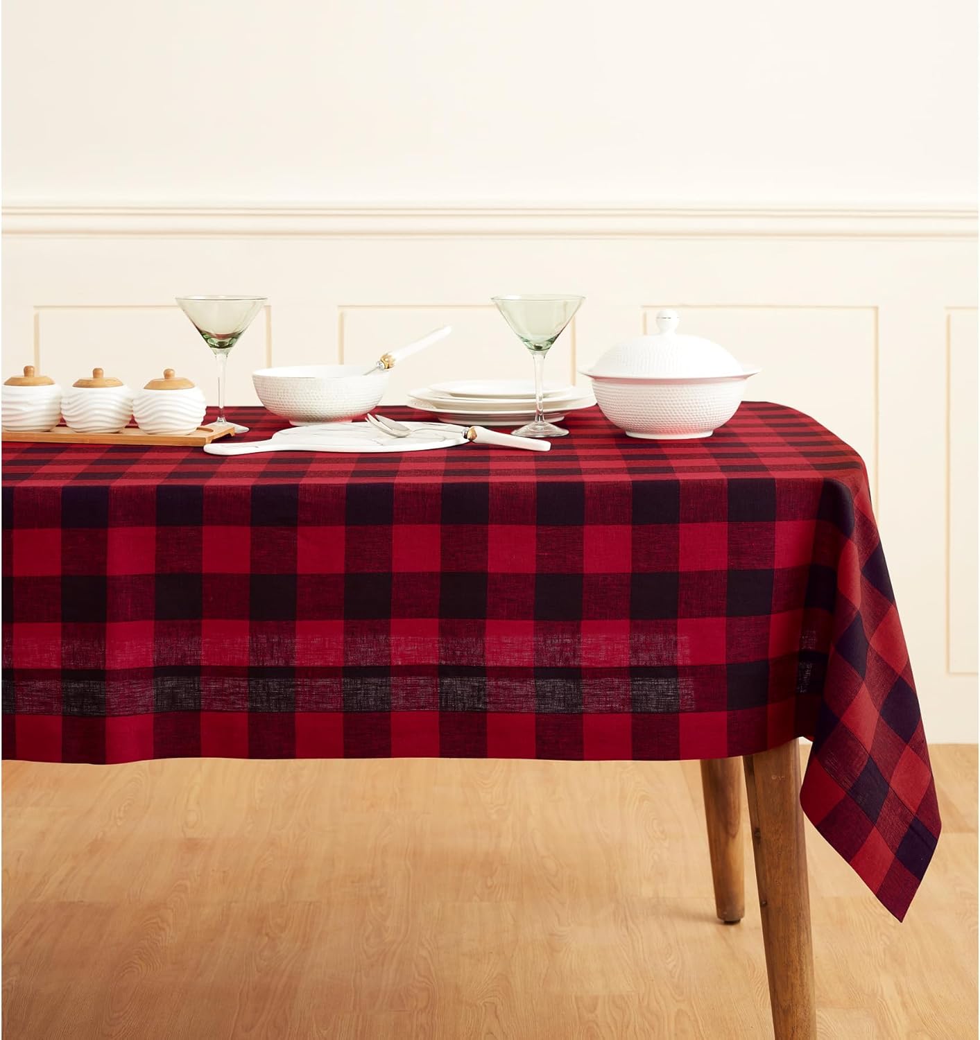 Solino Home Linen Buffalo Plaid Tablecloth 60 x 90 Inch - 100% Pure Linen Natural and White Checkered Table Cloth for Rectangle Tables - Machine Washable Tablecloth for Fall, Autumn, Thanksgiving