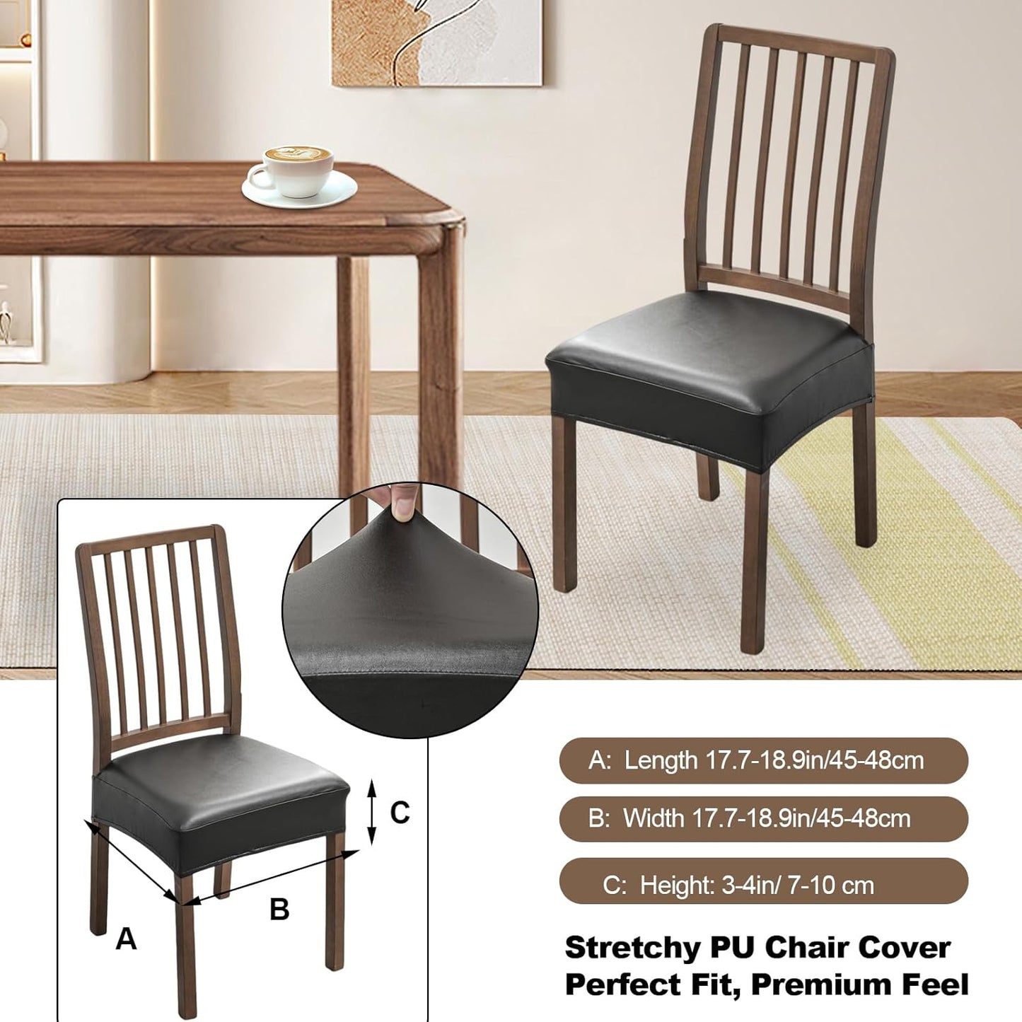 FUANGUI Dining Chair Covers Set of 4, Waterproof PU Leather Stretch Chair Seat Slipcovers Soft Removable Washable Chair Covers, Kitchen Chair Seat Covers Protectors Dining Room, PU-Black
