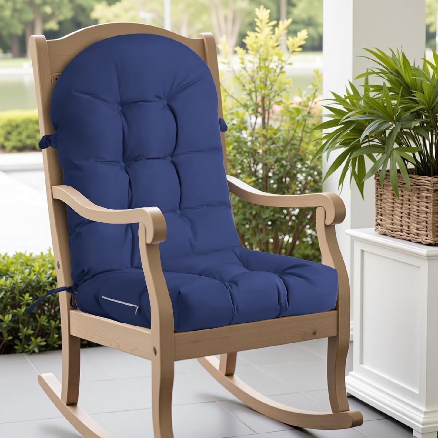 Rocking Chair Cushion - Chenille Fabric, High-Density Sponge, Durable Comfort Non-Slip Bottom Tufted Seat Pads with Ties, Chenille︱Oyster White, 44x19x4 inch