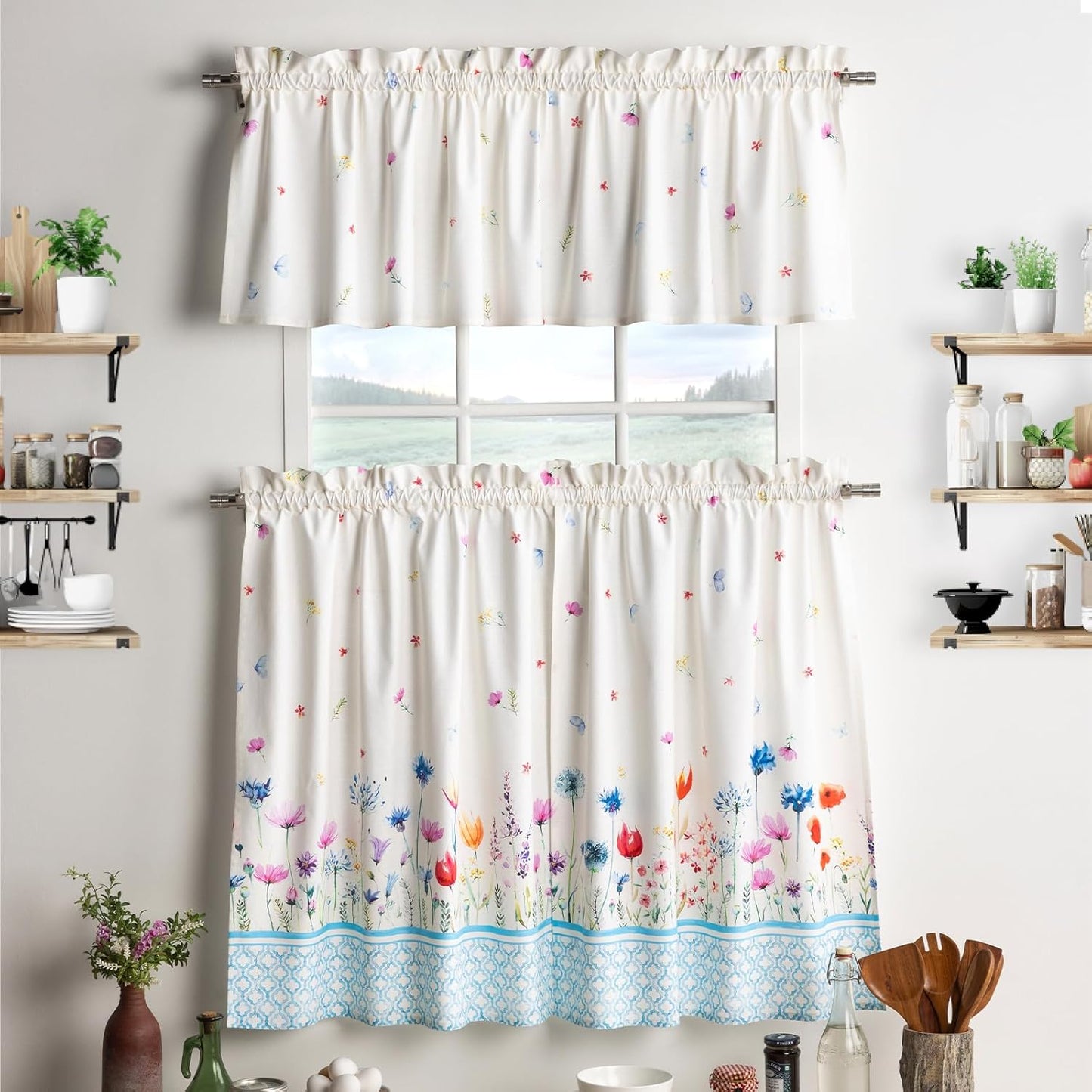 Maison d'Hermine Kitchen Curtains Sets for Windows 100% Cotton Set of Kitchen Curtains Valances for Cafe Home [2 Tiers (28"X36") and 1 Valance (56"X18")] - Easter Decorations (Happy Florals)