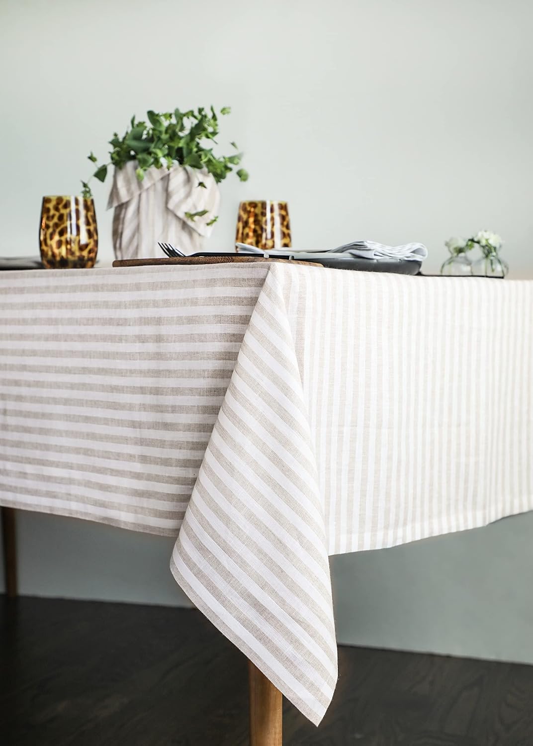 Solino Home Linen Tablecloth 60 x 90 Inch - Amalfi Stripe 100% Pure Linen Natural and White Table Cloth for Rectangle Tables - Machine Washable Tablecloth for Fall, Autumn, Thanksgiving