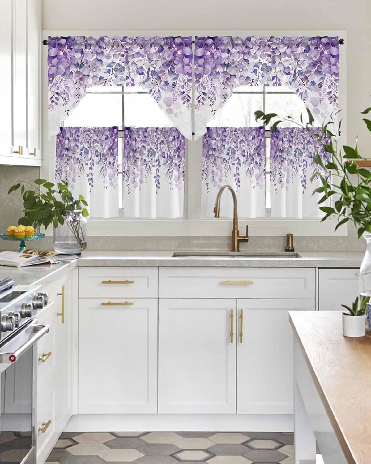 Spring Botanical Swag Curtains Valance and Tier Set, Purple Eucalyptus Leaves Rod Pocket Curtain Drapes for Bedroom Bathroom Over Sink Kitchen Curtains 3 Piece Set Swag Valances and 24 inches Tiers