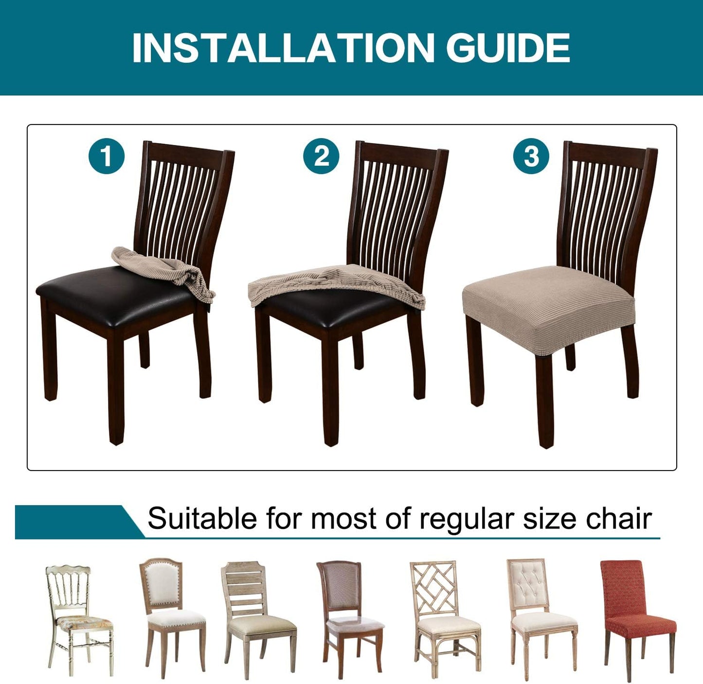 Turquoize Stretch Dining Chair Covers Seat Covers for Dining Room Chair Covers Set of 6，Removable Washable Kitchen Chair Seat Cushion Slipcovers Protector, Khaki