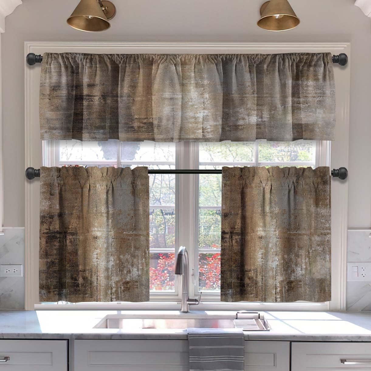 MCALK Brown Blackout Kitchen Curtains Tiers and Valances Set 3 Piece for Windows Beige Kitchen Window Curtains Set,Modern Abstract Art Valances for Living Room(36" Tiers Set)