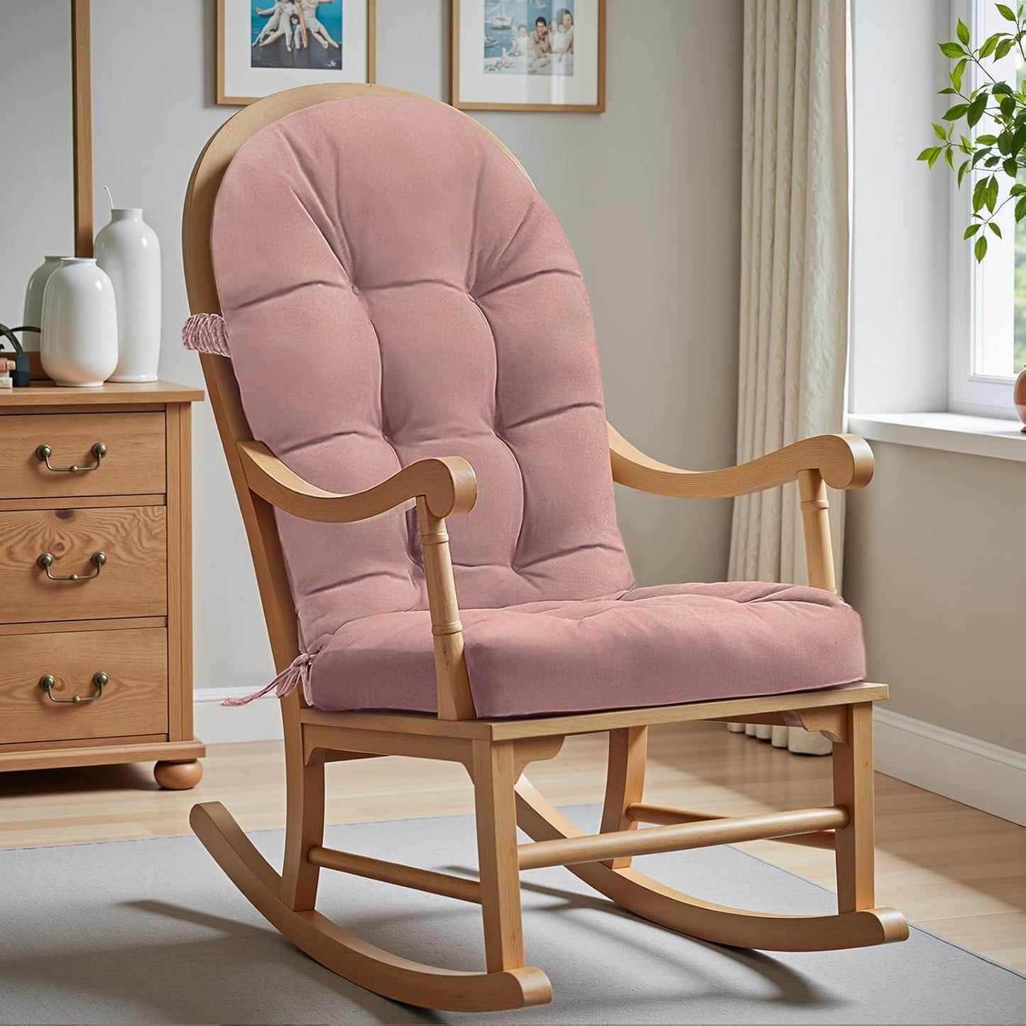 Rocking Chair Cushion - Chenille Fabric, High-Density Sponge, Durable Comfort Non-Slip Bottom Tufted Seat Pads with Ties, Chenille︱Oyster White, 44x19x4 inch