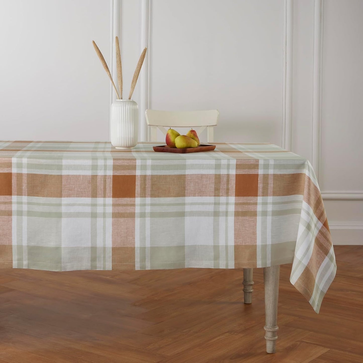 Solino Home Plaid Linen Tablecloth 60 x 108 Inch - 100% Pure Linen Orange Plaid Table Cloth for Rectangle Tables - Machine Washable Tablecloth for Fall, Autumn, Halloween, Thanksgiving
