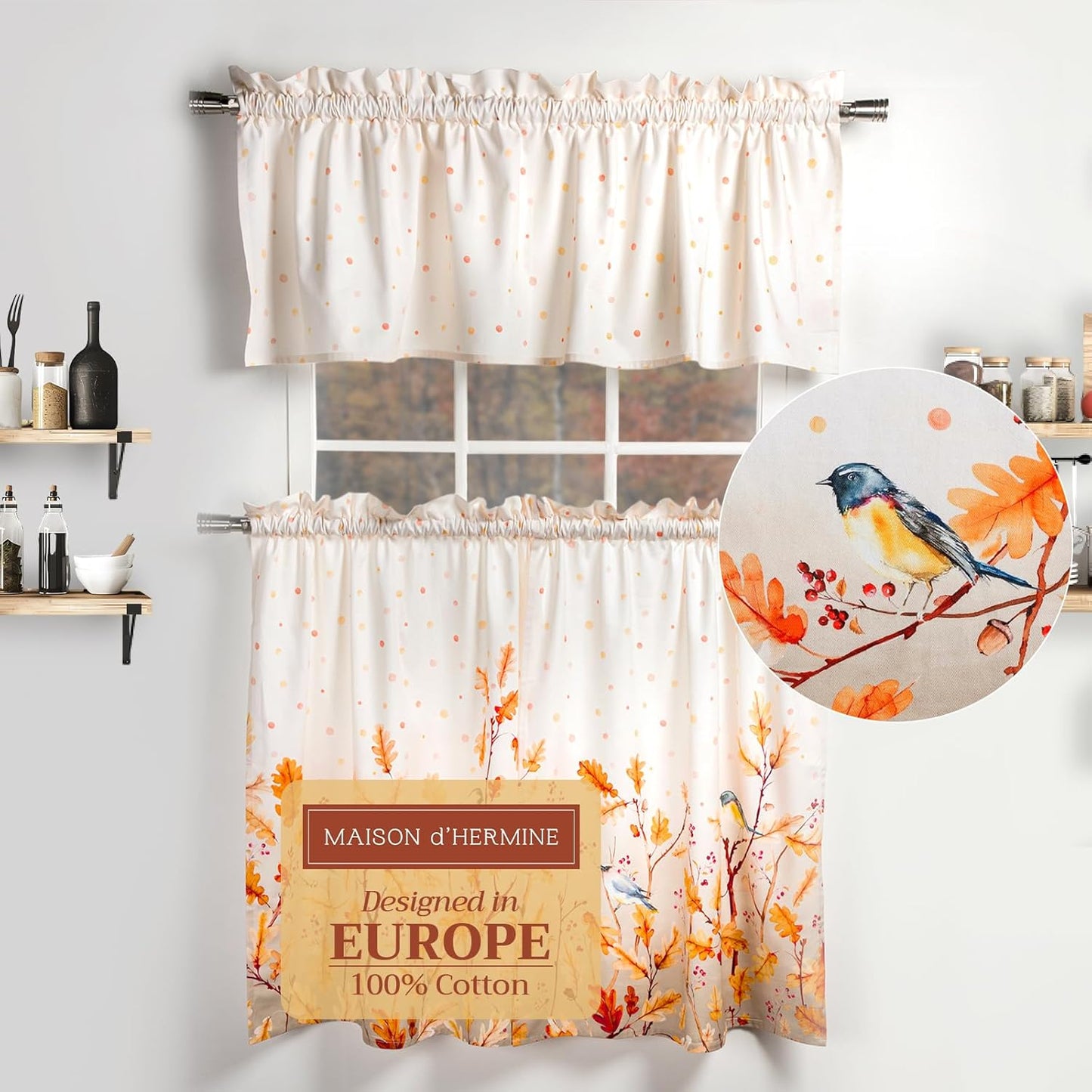 Maison d'Hermine Kitchen Curtains Sets for Windows 100% Cotton Set of Kitchen Curtains Valances for Cafe Home [2 Tiers (28"X36") and 1 Valance (56"X18")] - Easter Decorations (Passiflora)