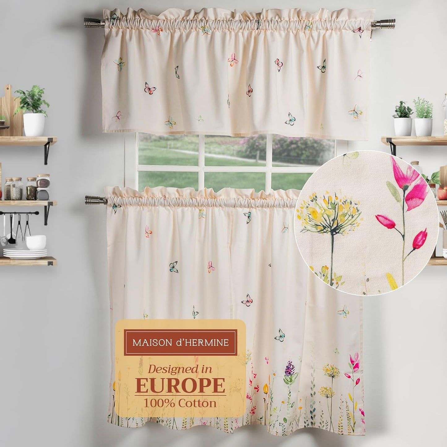 Maison d'Hermine Kitchen Curtains Sets for Windows 100% Cotton Set of Kitchen Curtains Valances for Cafe Home [2 Tiers (28"X36") and 1 Valance (56"X18")] - Easter Decorations (Happy Florals)