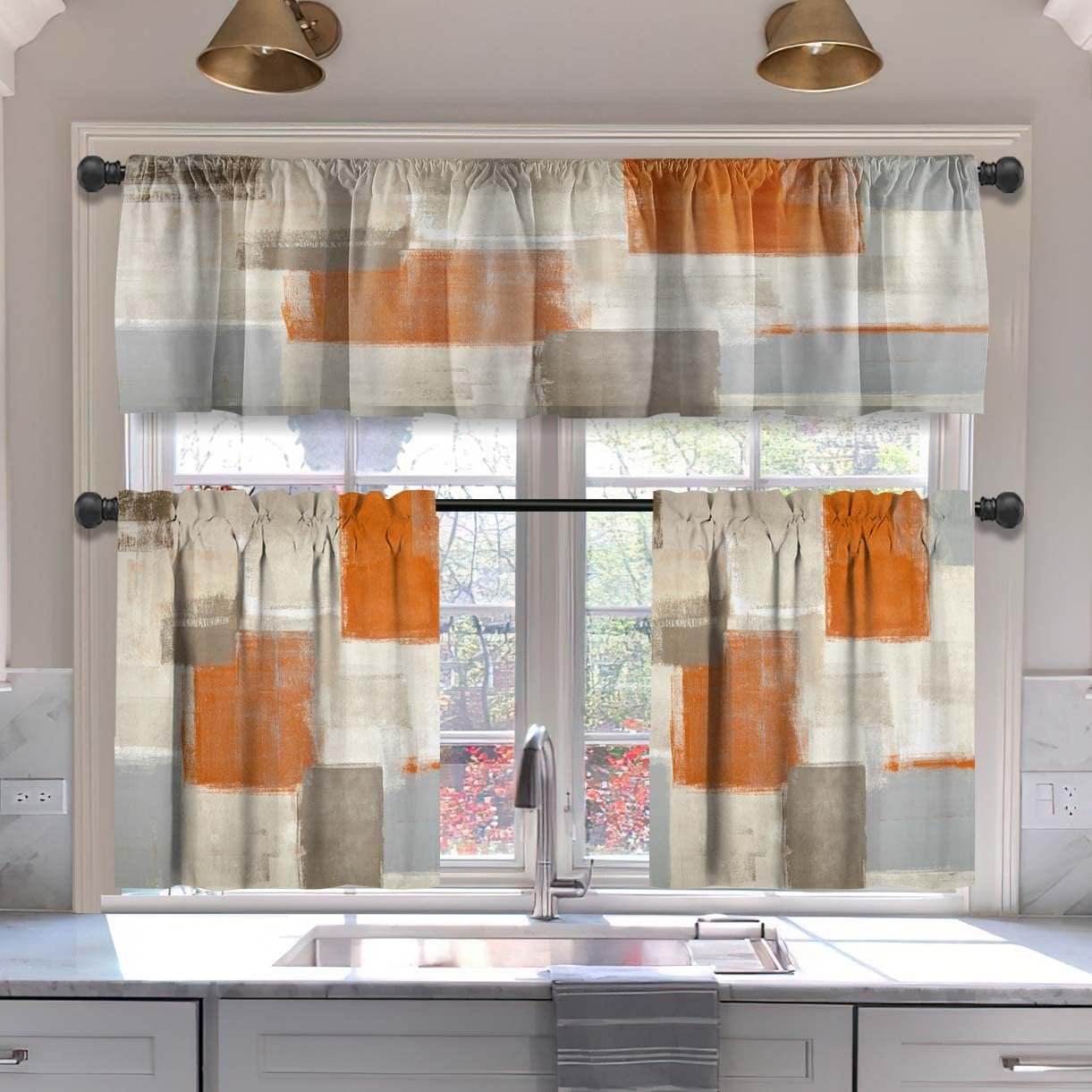 MCALK Brown Blackout Kitchen Curtains Tiers and Valances Set 3 Piece for Windows Beige Kitchen Window Curtains Set,Modern Abstract Art Valances for Living Room(36" Tiers Set)
