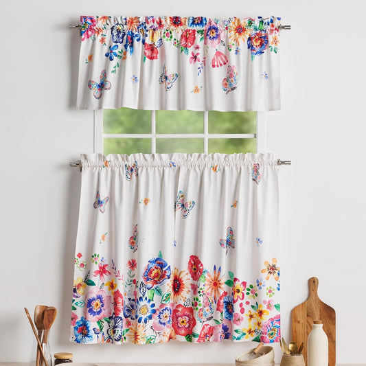 Maison d'Hermine Kitchen Curtains Sets for Windows 100% Cotton Set of Kitchen Curtains Valances for Cafe Home [2 Tiers (28"X36") and 1 Valance (56"X18")] - Easter Decorations (Happy Florals)
