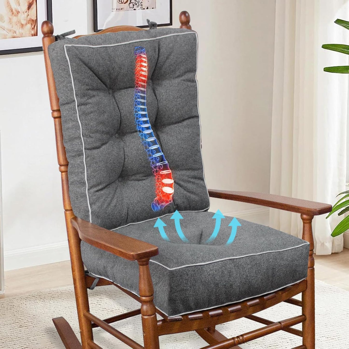 YZ HOME Rocking Chair Cushion, Set of Thicken Seat & Back Chair Cushions with Memory Foam, Non-Slip Chair Pad with Ties for for Indoor&Outdoor Rocker, Dark Grey, 22x17x5/17x17x5
