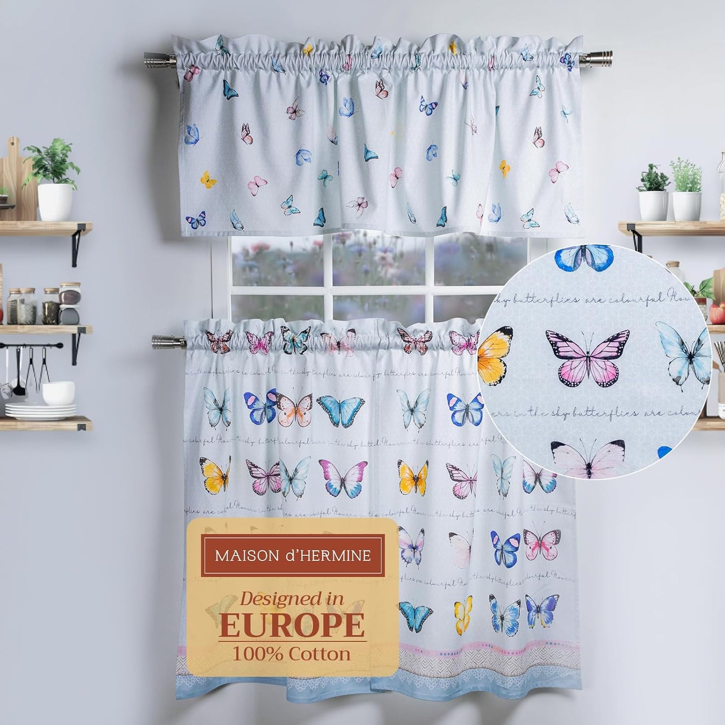 Maison d'Hermine Kitchen Curtains Sets for Windows 100% Cotton Set of Kitchen Curtains Valances for Cafe Home [2 Tiers (28"X36") and 1 Valance (56"X18")] - Easter Decorations (Passiflora)