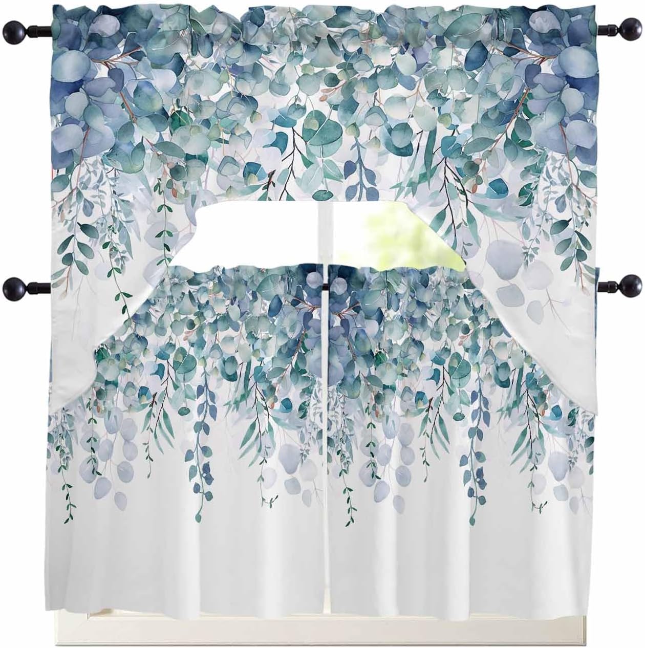 Spring Botanical Swag Curtains Valance and Tier Set, Purple Eucalyptus Leaves Rod Pocket Curtain Drapes for Bedroom Bathroom Over Sink Kitchen Curtains 3 Piece Set Swag Valances and 24 inches Tiers