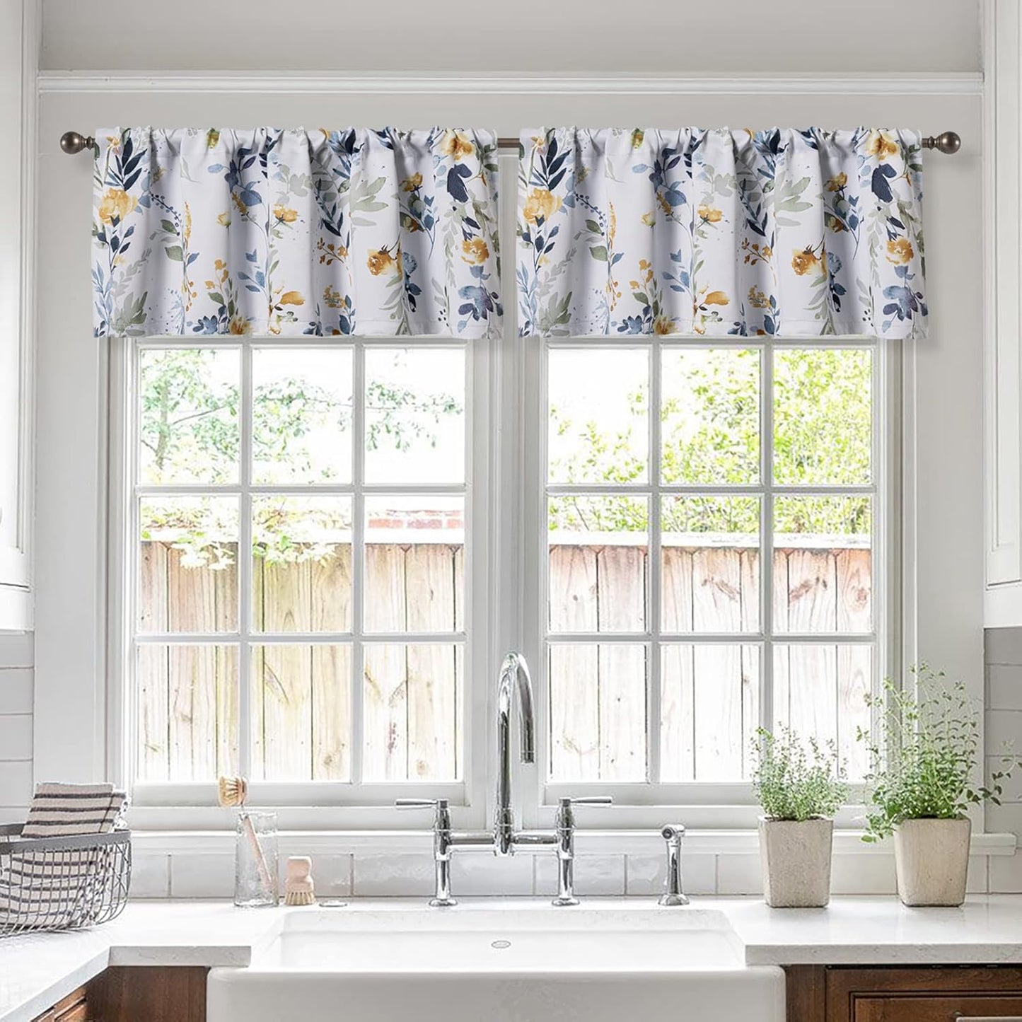 MYSKY HOME Kitchen Curtains 45 inch Length Floral Blackout Curtains Thermal Insulated Room Darkening Curtains Grommet Top 2 Panels for Bedroom Bathroom Dormer Window, Yellow and Blue