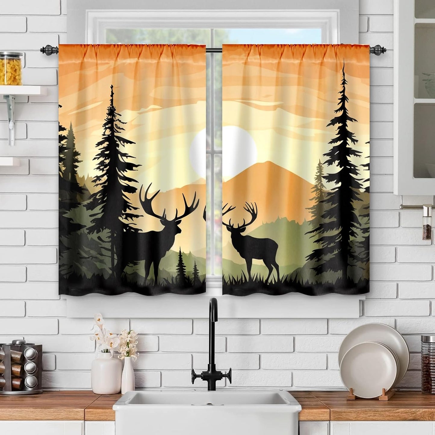3-Piece Sunflower Kitchen Curtain Set - Valance and Tiers with Rod Pocket - 58wx14h+(28wx36h)*2 - Floral Dining Room Window Treatment