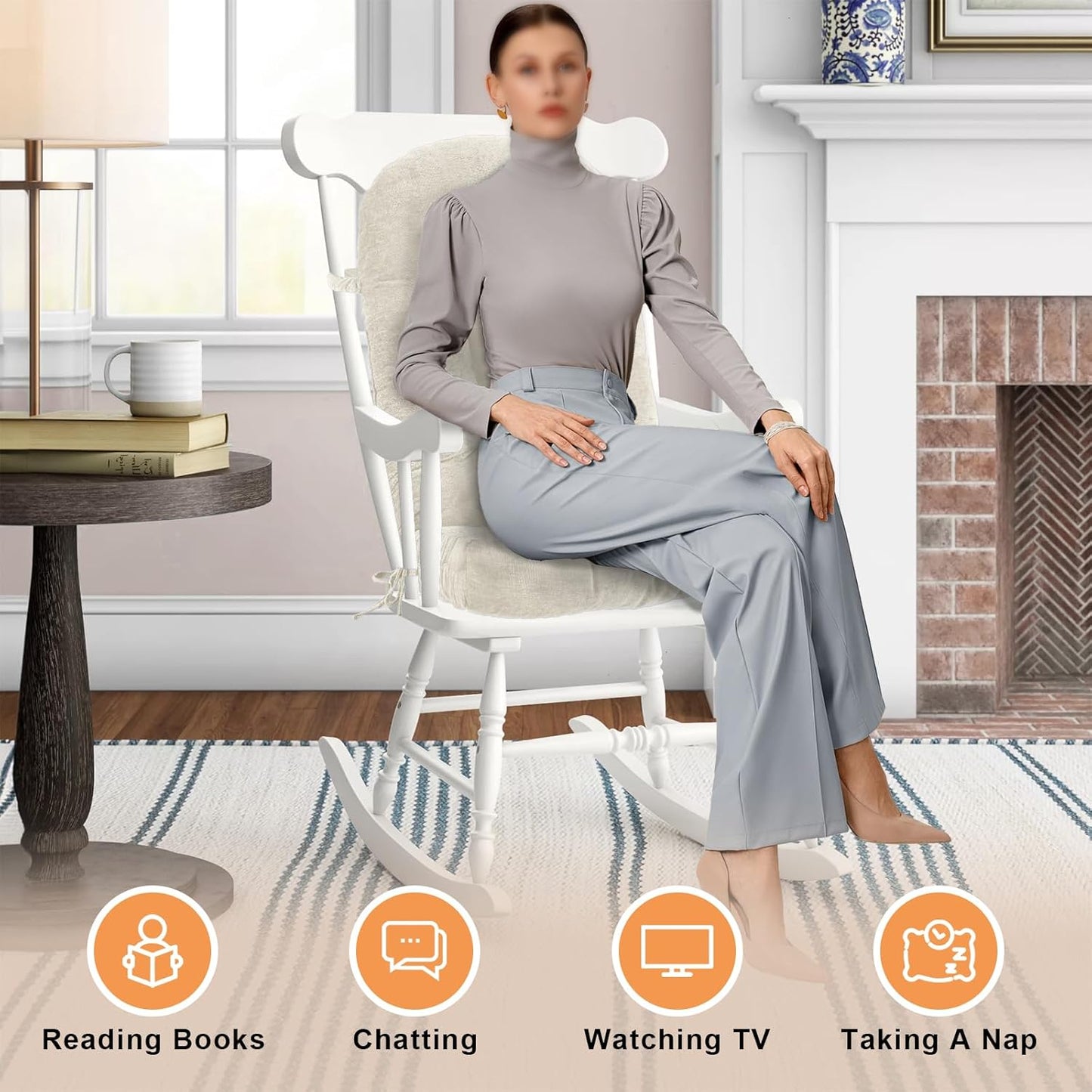 Rocking Chair Cushion - Chenille Fabric, High-Density Sponge, Durable Comfort Non-Slip Bottom Tufted Seat Pads with Ties, Chenille︱Oyster White, 44x19x4 inch