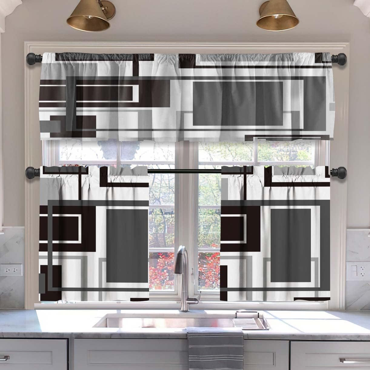 MCALK Brown Blackout Kitchen Curtains Tiers and Valances Set 3 Piece for Windows Beige Kitchen Window Curtains Set,Modern Abstract Art Valances for Living Room(36" Tiers Set)