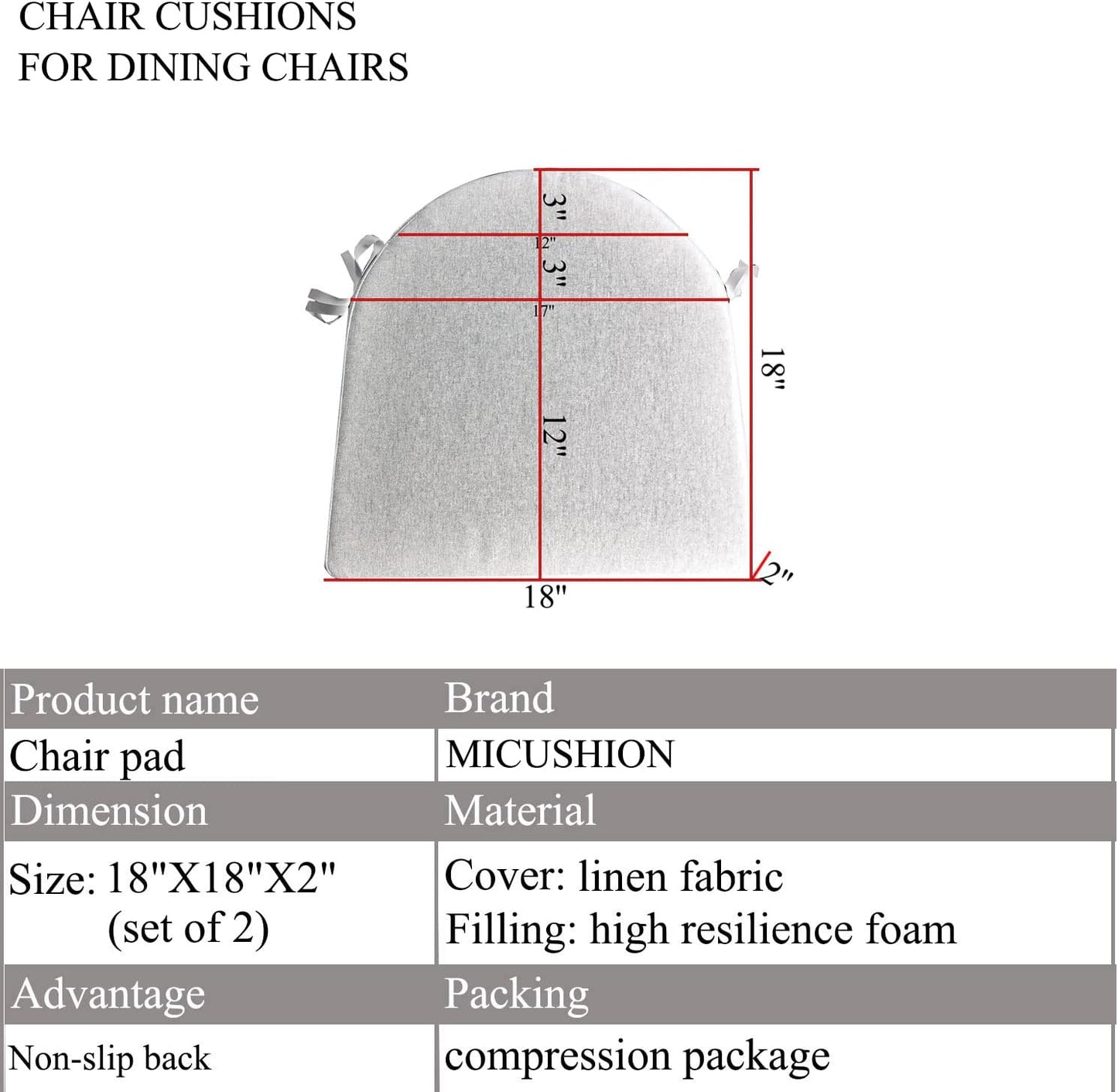 18x18 Inch Chair Pads for Dining Chairs Set of 2 with Ties Non Slip Washable Seat Cushion with Zipper Indoor Round Back Chair Cushions for Kitchen, Khaki