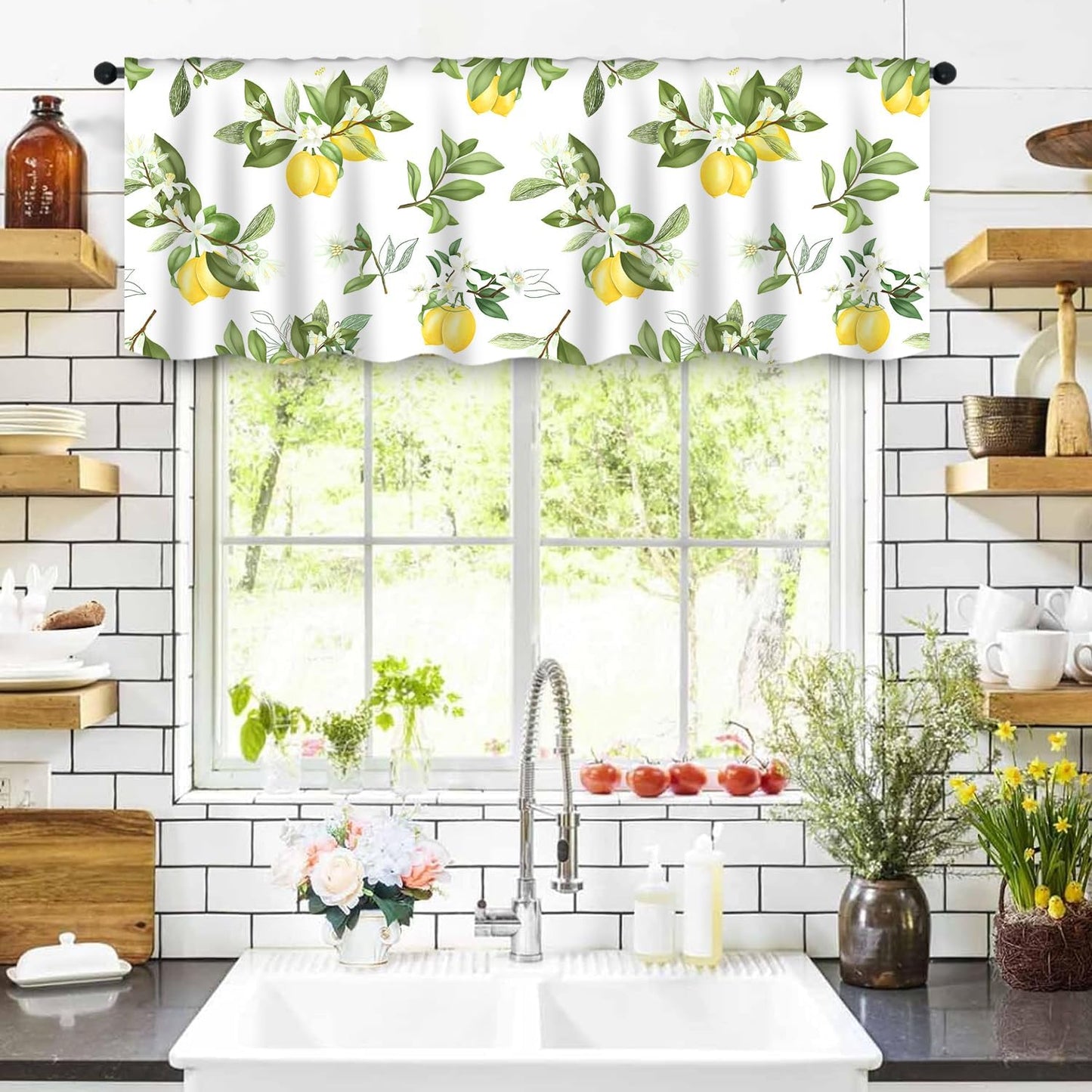 3-Piece Sunflower Kitchen Curtain Set - Valance and Tiers with Rod Pocket - 58wx14h+(28wx36h)*2 - Floral Dining Room Window Treatment