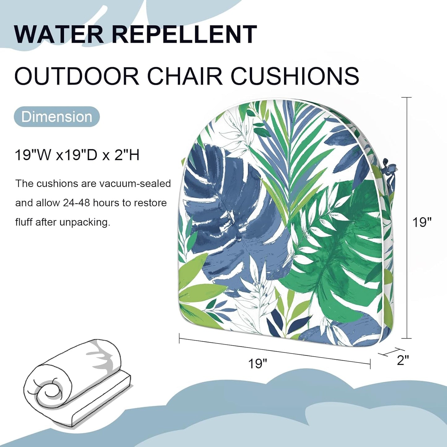 Set of 2 Outdoor Chair Cushions 19"x19"x2",Water Repellent Patio Seat Cushion with Ties and Removable Covers,Dining Chair Cushions for Indoor Kitchen and Patio Furniture,Islamorada Blue Green