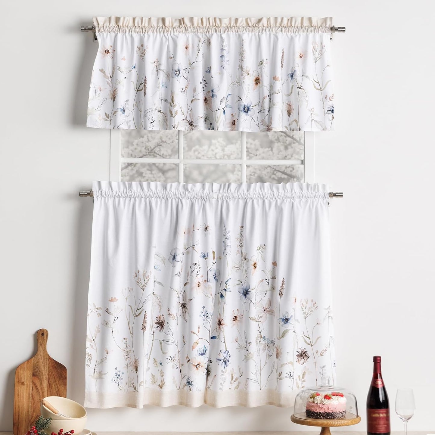 Maison d'Hermine Kitchen Curtains Sets for Windows 100% Cotton Set of Kitchen Curtains Valances for Cafe Home [2 Tiers (28"X36") and 1 Valance (56"X18")] - Easter Decorations (Happy Florals)