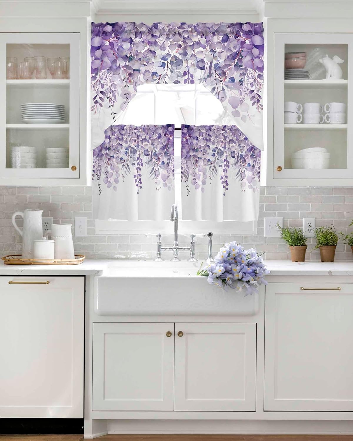 Spring Botanical Swag Curtains Valance and Tier Set, Purple Eucalyptus Leaves Rod Pocket Curtain Drapes for Bedroom Bathroom Over Sink Kitchen Curtains 3 Piece Set Swag Valances and 24 inches Tiers