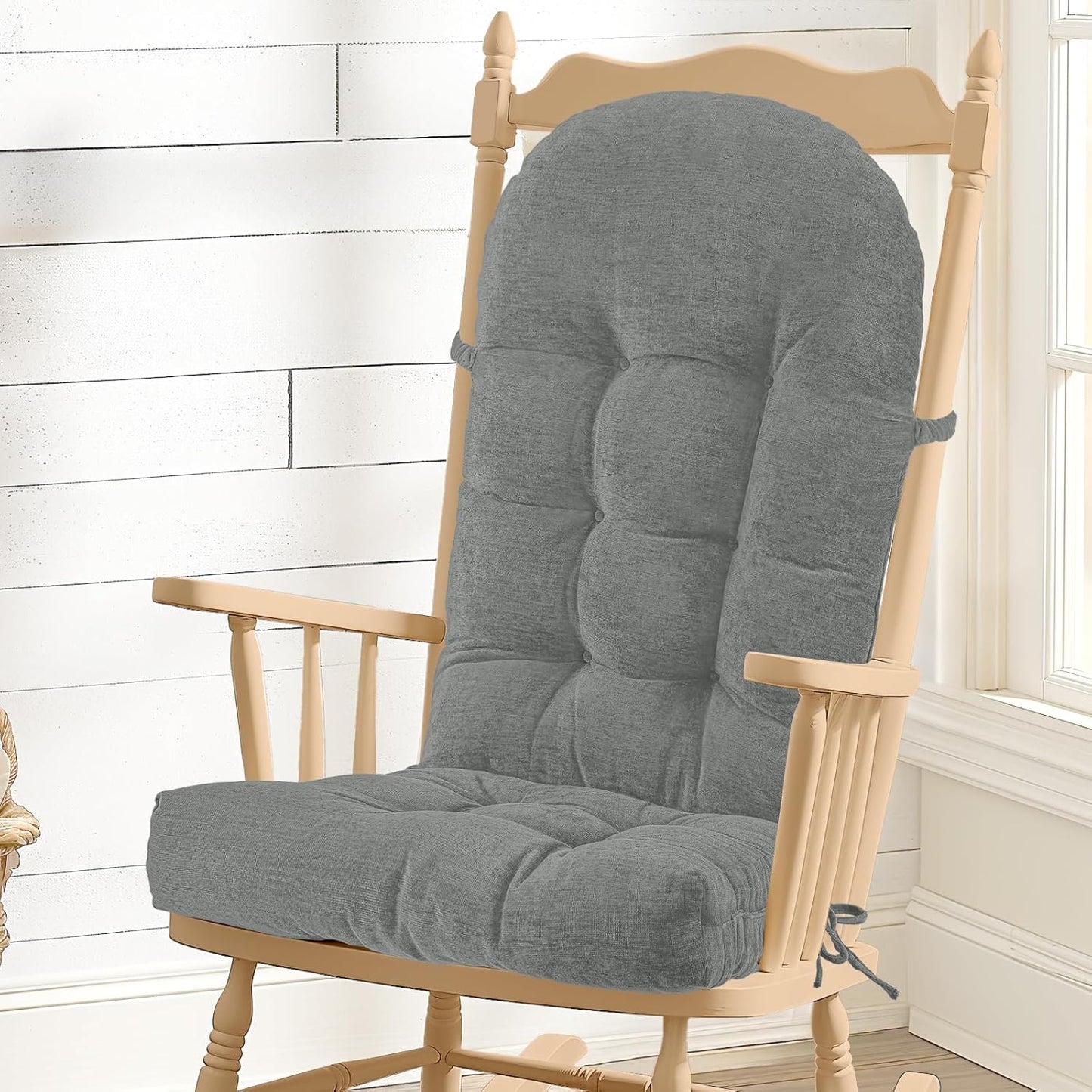 Rocking Chair Cushion - Chenille Fabric, High-Density Sponge, Durable Comfort Non-Slip Bottom Tufted Seat Pads with Ties, Chenille︱Oyster White, 44x19x4 inch