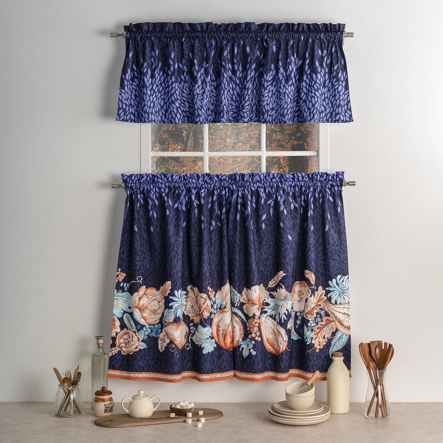 Maison d'Hermine Kitchen Curtains Sets for Windows 100% Cotton Set of Kitchen Curtains Valances for Cafe Home [2 Tiers (28"X36") and 1 Valance (56"X18")] - Easter Decorations (Happy Florals)