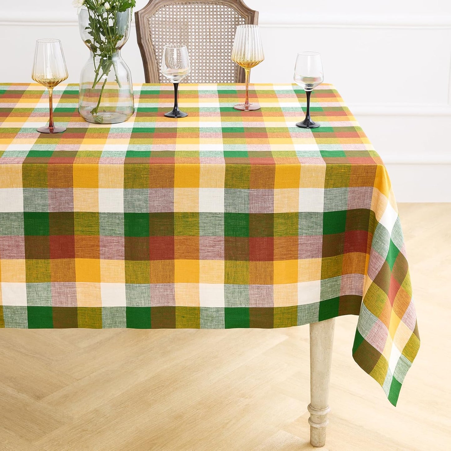 Solino Home Linen Buffalo Plaid Tablecloth 60 x 90 Inch - 100% Pure Linen Natural and White Checkered Table Cloth for Rectangle Tables - Machine Washable Tablecloth for Fall, Autumn, Thanksgiving
