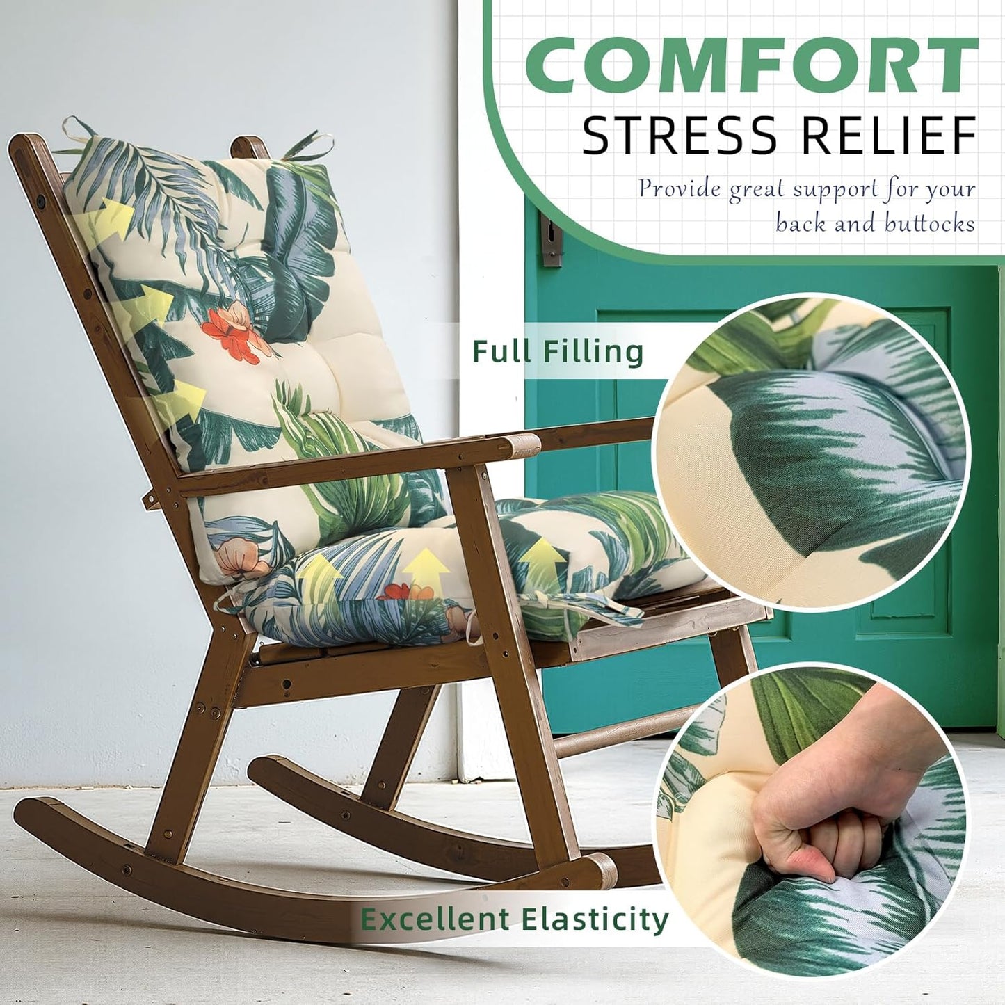Waterproof Indoor Outdoor Rocking Chair Cushion Floral Patio Chair Pad Soft Seat Cushion for Porch Patio Bedroom Orange Grey