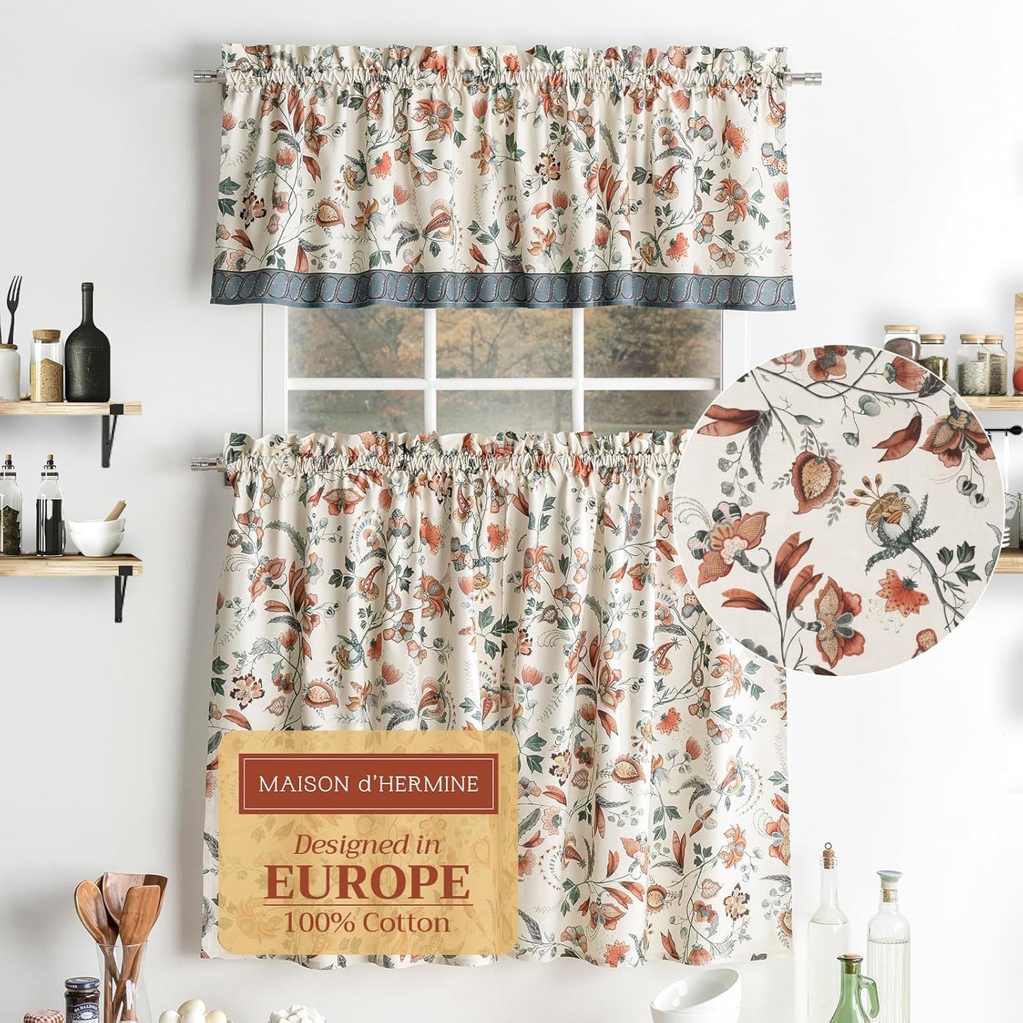 Maison d'Hermine Kitchen Curtains Sets for Windows 100% Cotton Set of Kitchen Curtains Valances for Cafe Home [2 Tiers (28"X36") and 1 Valance (56"X18")] - Easter Decorations (Happy Florals)