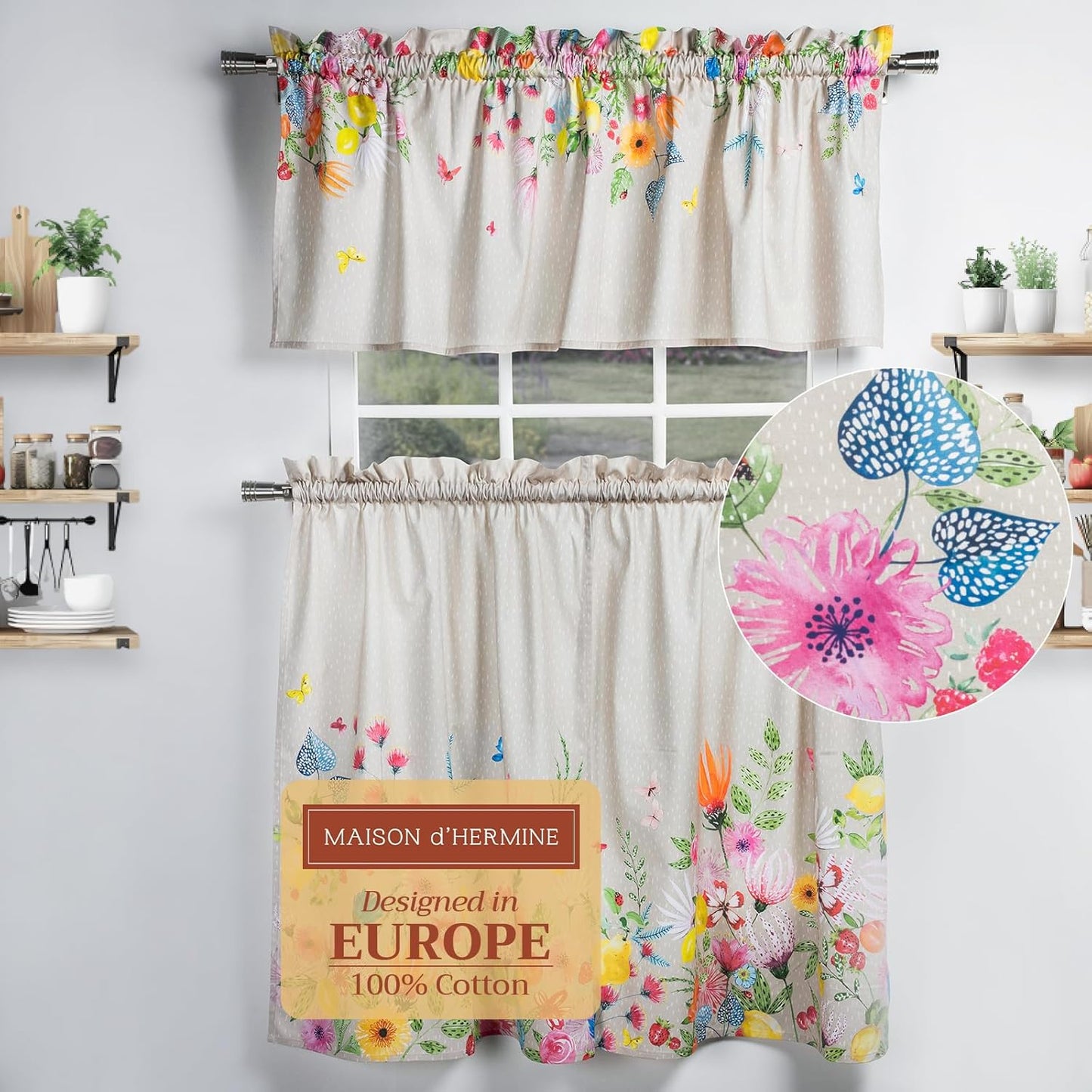Maison d'Hermine Kitchen Curtains Sets for Windows 100% Cotton Set of Kitchen Curtains Valances for Cafe Home [2 Tiers (28"X36") and 1 Valance (56"X18")] - Easter Decorations (Happy Florals)