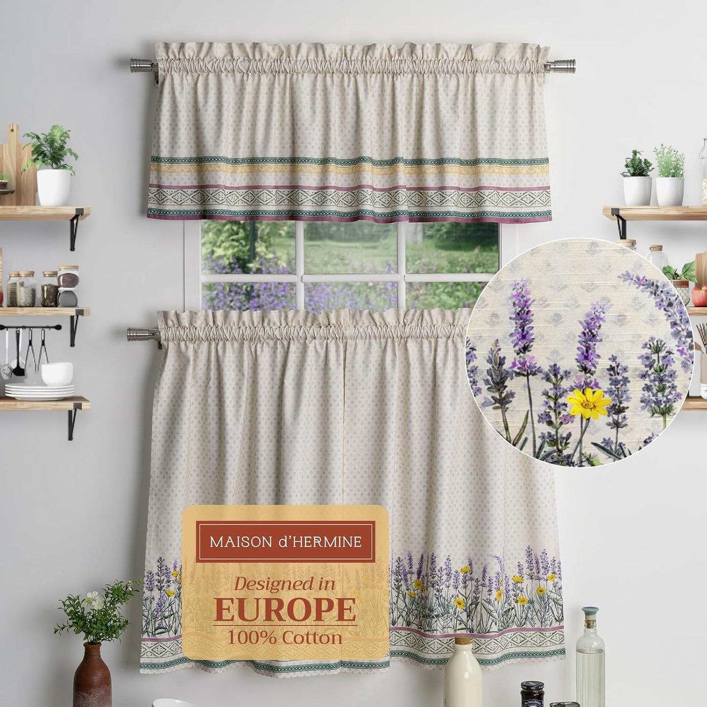 Maison d'Hermine Kitchen Curtains Sets for Windows 100% Cotton Set of Kitchen Curtains Valances for Cafe Home [2 Tiers (28"X36") and 1 Valance (56"X18")] - Easter Decorations (Passiflora)