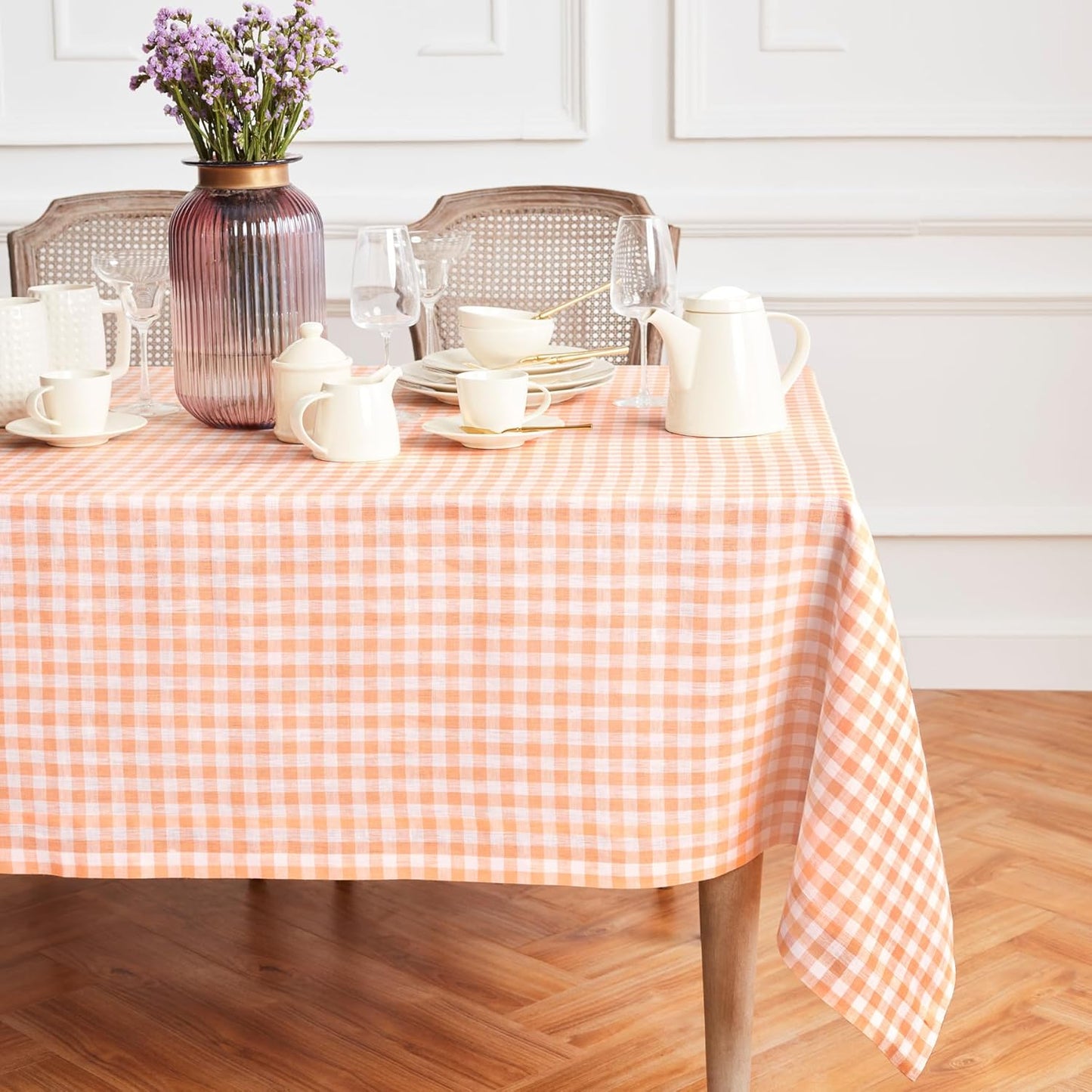 Solino Home Linen Tablecloth 60 x 108 Inch - 100% Pure Linen Gingham Checkered Natural Tablecloth for Rectangular Tables - Machine Washable Table Cloth for Fall, Autumn, Thanksgiving