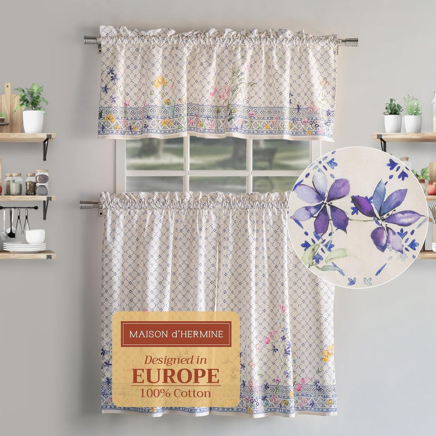 Maison d'Hermine Kitchen Curtains Sets for Windows 100% Cotton Set of Kitchen Curtains Valances for Cafe Home [2 Tiers (28"X36") and 1 Valance (56"X18")] - Easter Decorations (Happy Florals)
