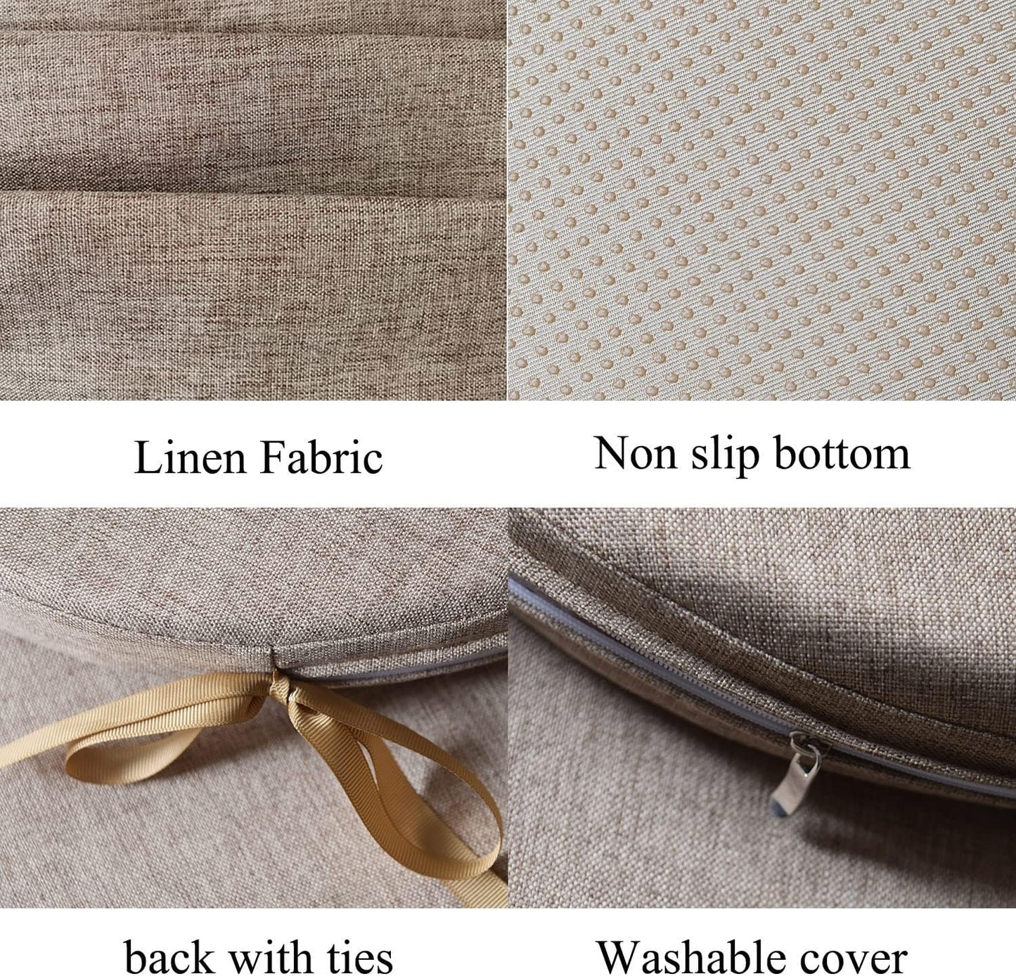 18x18 Inch Chair Pads for Dining Chairs Set of 2 with Ties Non Slip Washable Seat Cushion with Zipper Indoor Round Back Chair Cushions for Kitchen, Khaki