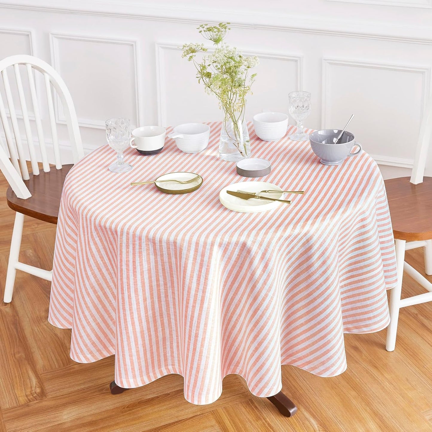 Solino Home Linen Tablecloth 60 x 90 Inch - Amalfi Stripe 100% Pure Linen Natural and White Table Cloth for Rectangle Tables - Machine Washable Tablecloth for Fall, Autumn, Thanksgiving