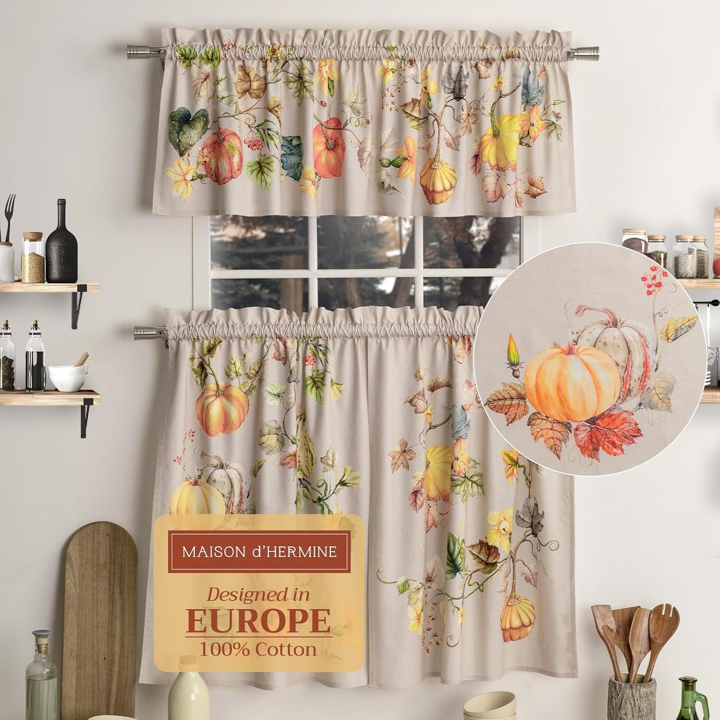 Maison d'Hermine Kitchen Curtains Sets for Windows 100% Cotton Set of Kitchen Curtains Valances for Cafe Home [2 Tiers (28"X36") and 1 Valance (56"X18")] - Easter Decorations (Happy Florals)